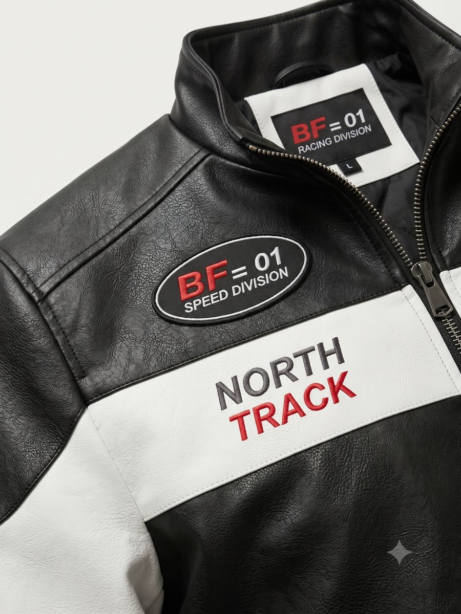 Close-up of the Bearfit racing jacket patch and collar