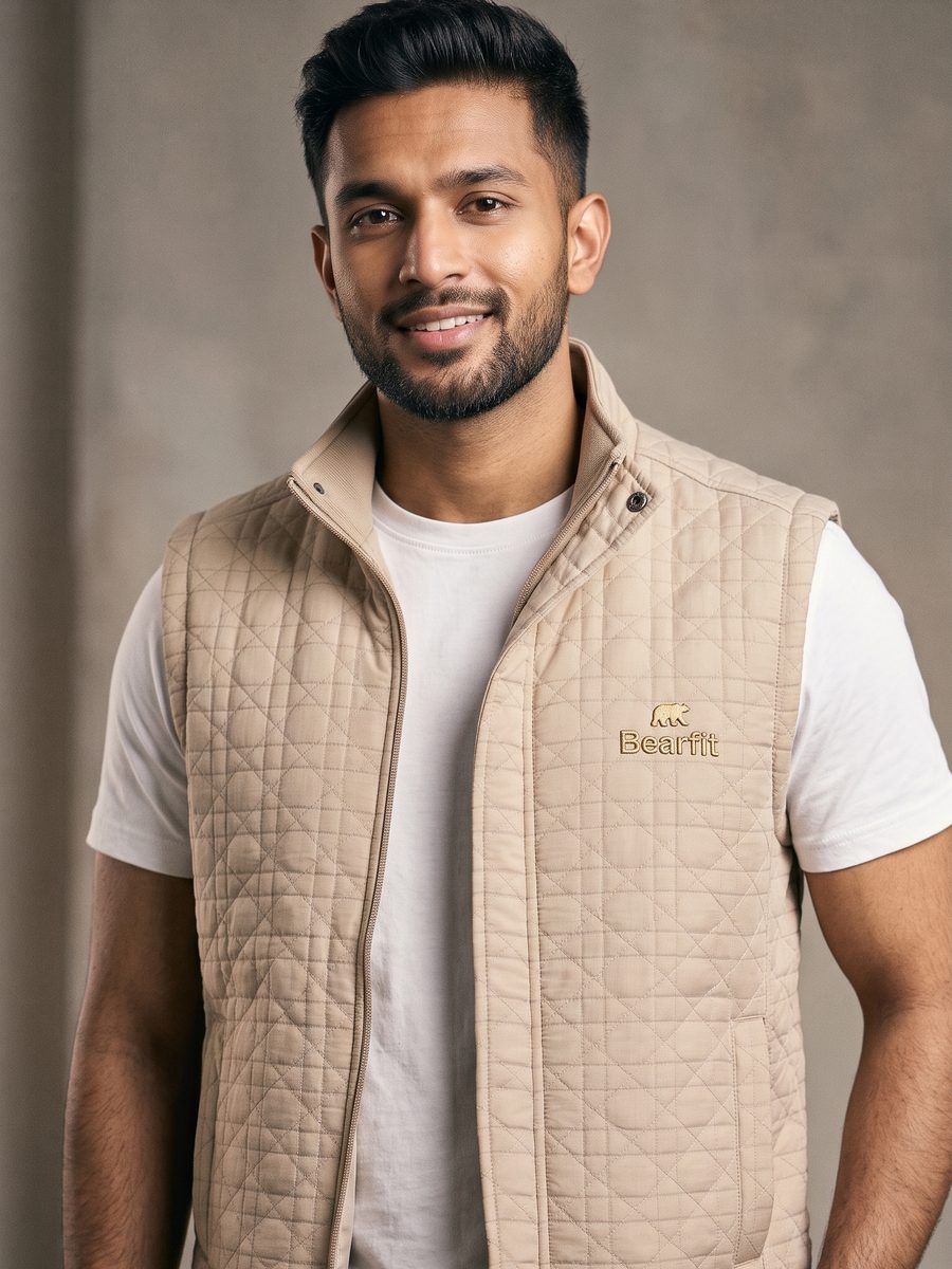 Model wearing the Bearfit sand quilted vest