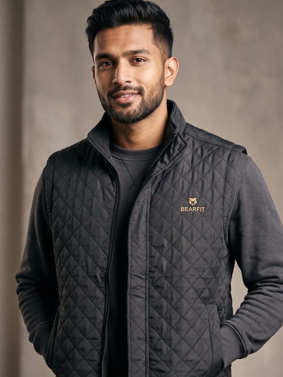 Model wearing the Bearfit black quilted vest